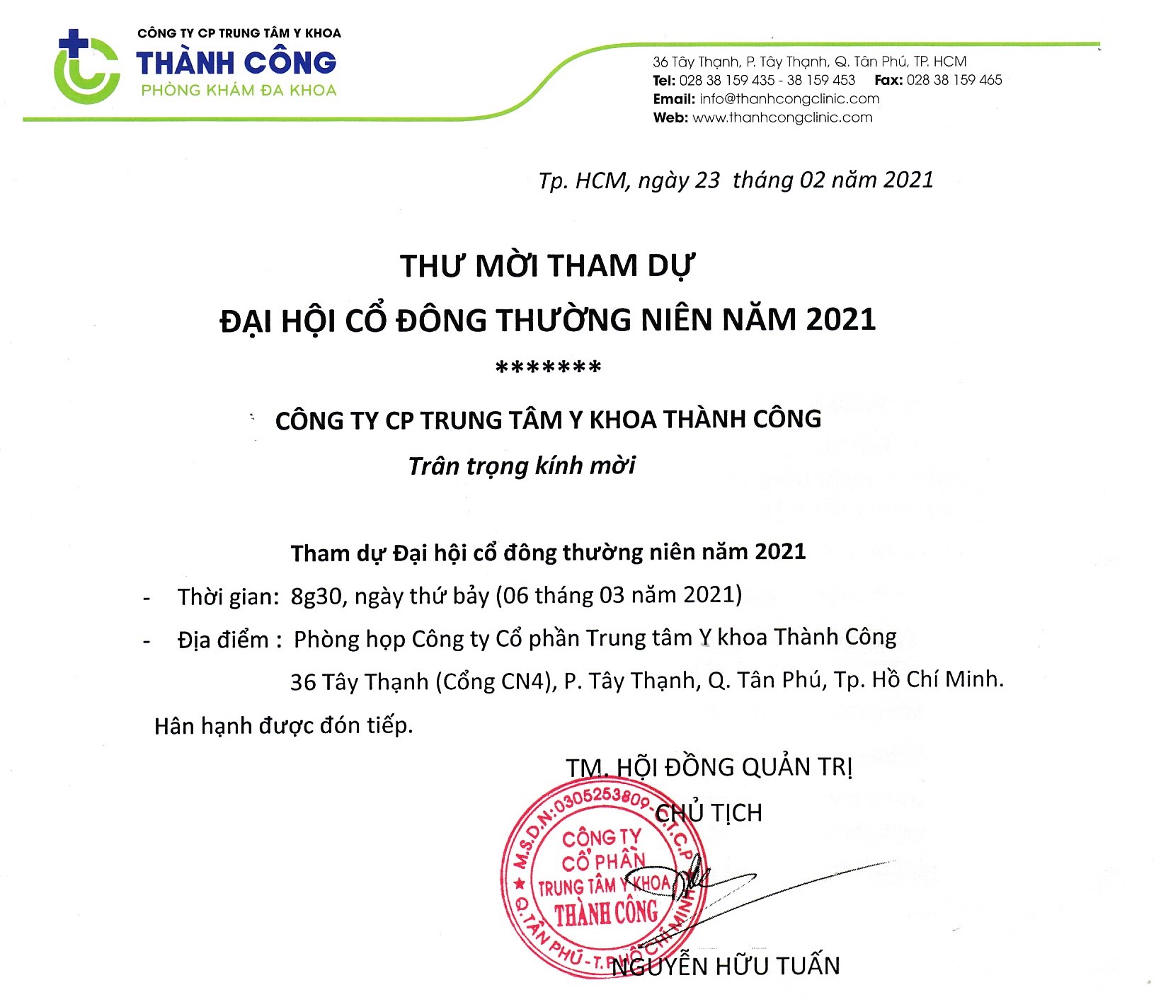 Thư mời tham dự Chương trình Đại hội cổ đông thường niên năm 2020