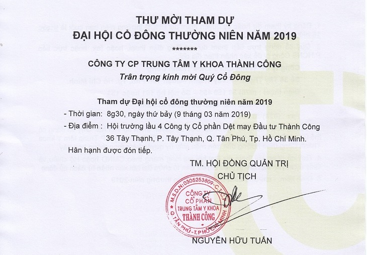 Thư mời tham dự Chương trình Đại hội cổ đông thường niên năm 2019