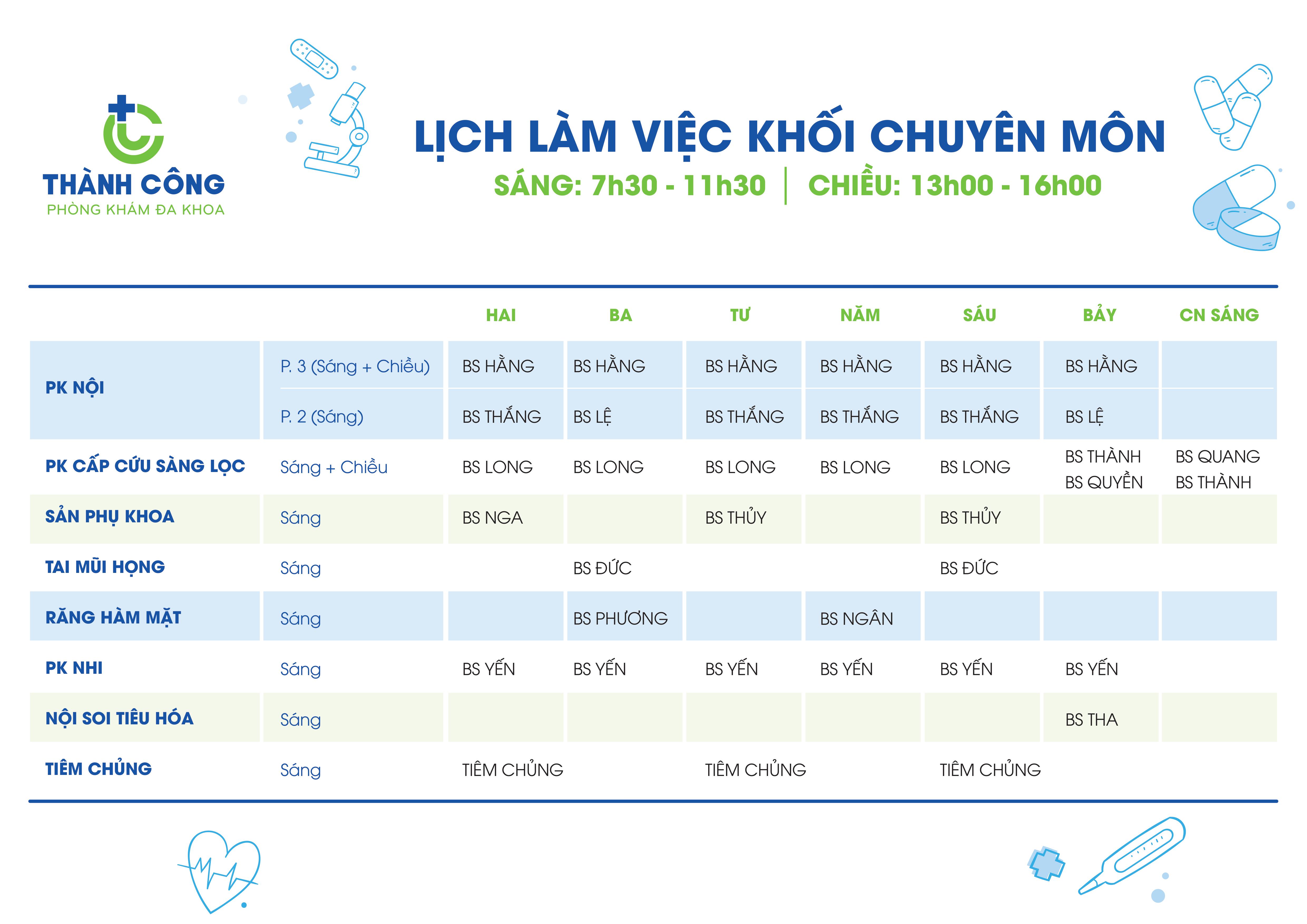 LỊCH HOẠT ĐỘNG CÁC KHOA TẠI PHÒNG KHÁM ĐA KHOA THÀNH CÔNG