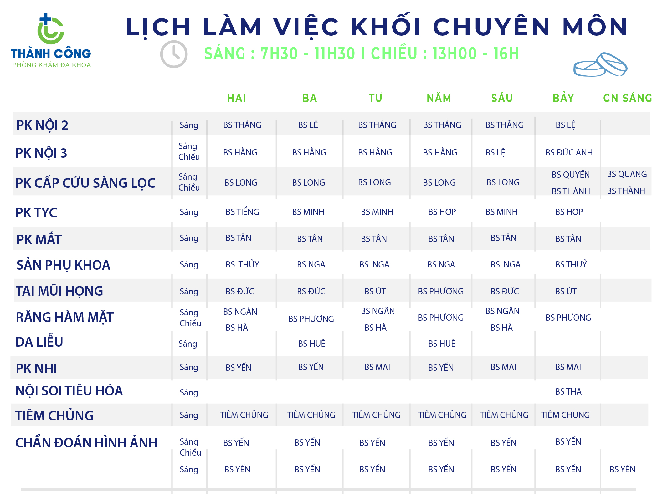 Lịch hoạt động các khoa tại Phòng Khám Đa Khoa Thành Công từ ngày 13/12/2021 đến ngày 19/12/2021