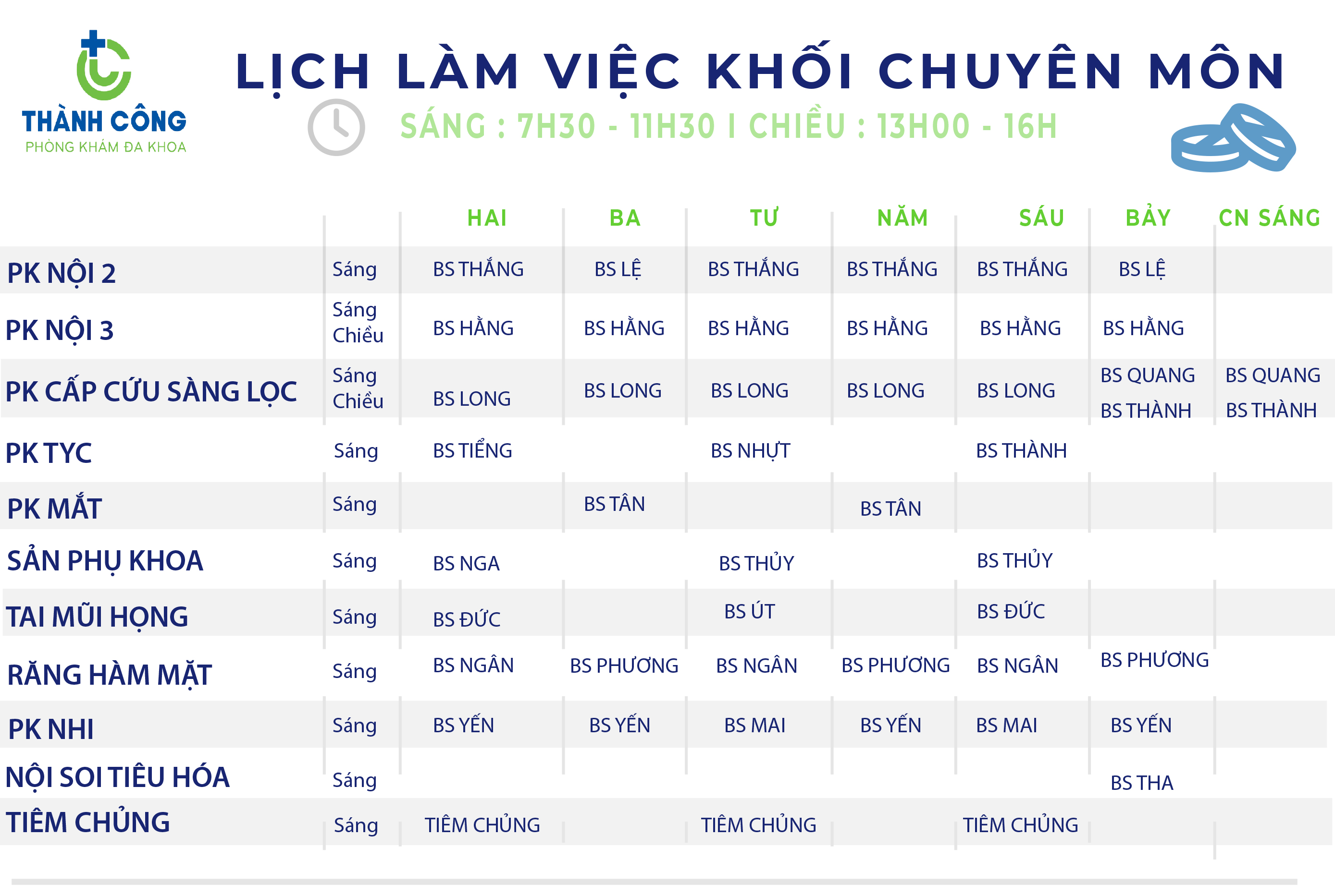 LỊCH HOẠT ĐỘNG CÁC KHOA TẠI PHÒNG KHÁM ĐA KHOA THÀNH CÔNG