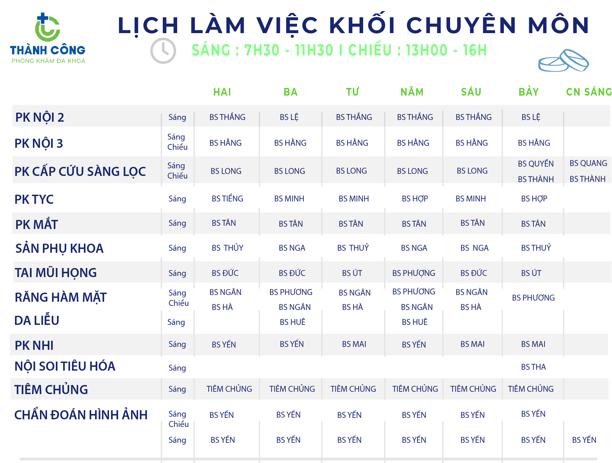 Lịch hoạt động các khoa tại Phòng Khám Đa Khoa Thành Công từ ngày 20/12/2021 đến ngày 26/12/2021