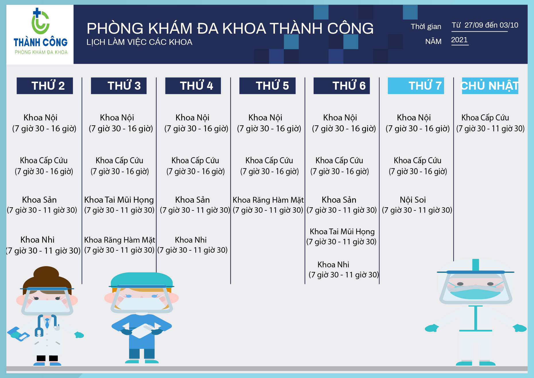LỊCH HOẠT ĐỘNG CÁC KHOA TẠI PHÒNG KHÁM ĐA KHOA THÀNH CÔNG