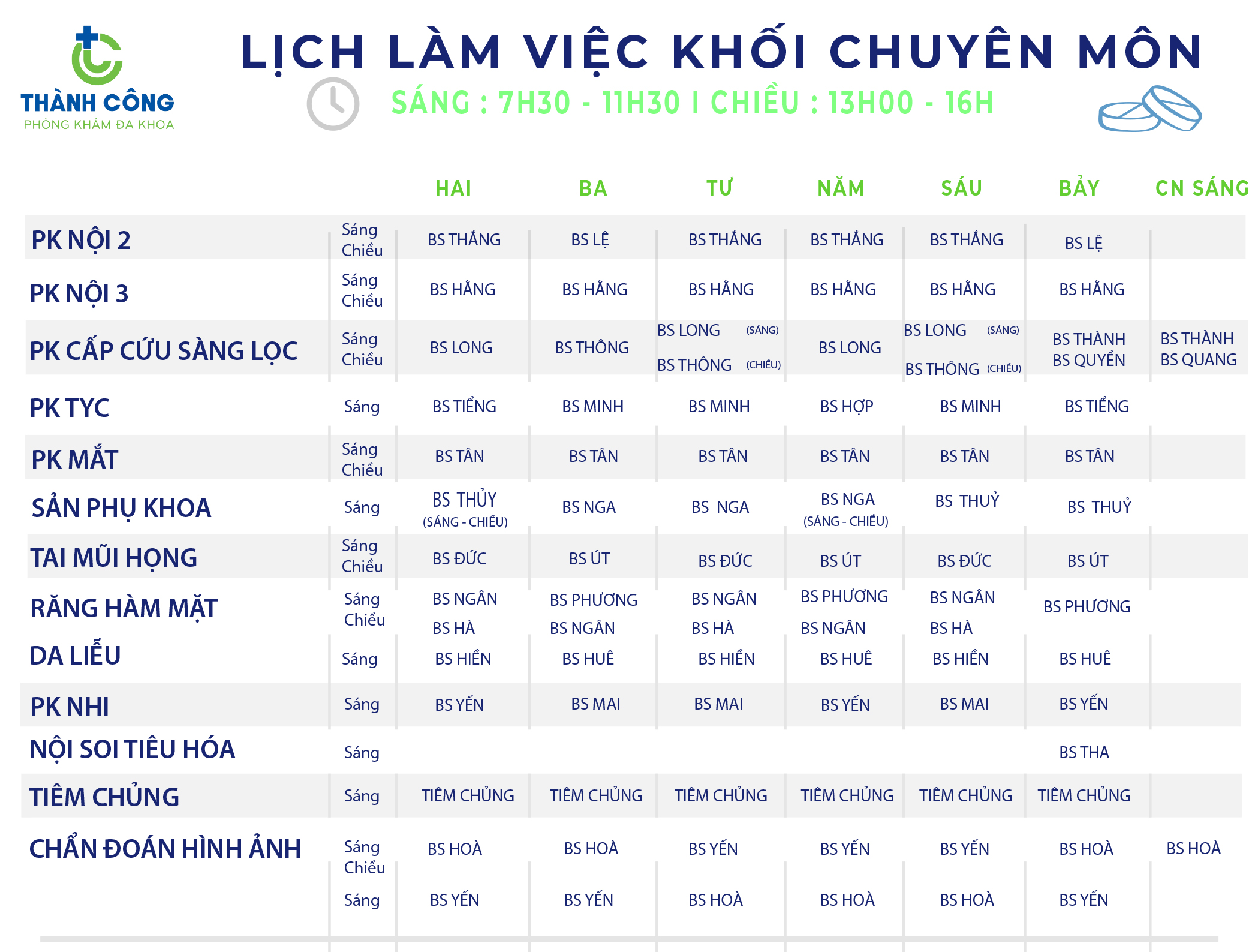 Lịch hoạt động các khoa tại Phòng Khám Đa Khoa Thành Công từ ngày 17/01/2022 đến ngày 23/01/2023