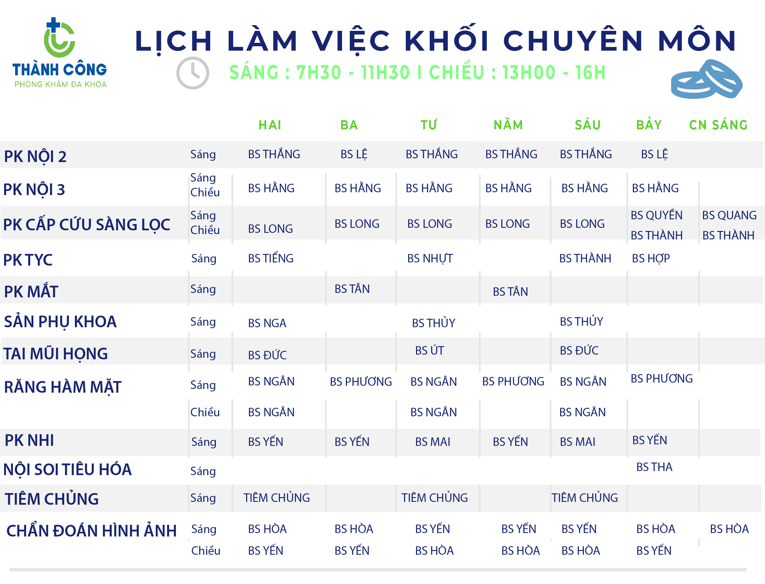 LỊCH HOẠT ĐỘNG CÁC KHOA TẠI PHÒNG KHÁM ĐA KHOA THÀNH CÔNG CẬP NHẬT NGÀY 25/10/2021