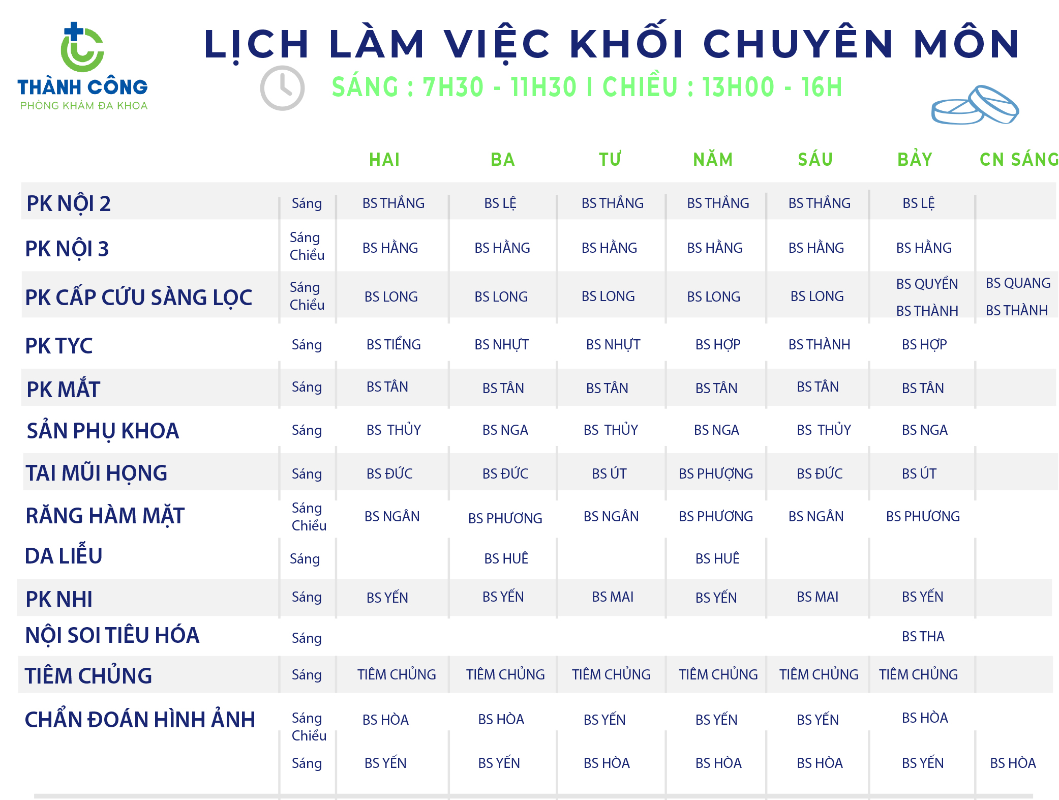 LỊCH HOẠT ĐỘNG CÁC KHOA TẠI PHÒNG KHÁM ĐA KHOA THÀNH CÔNG