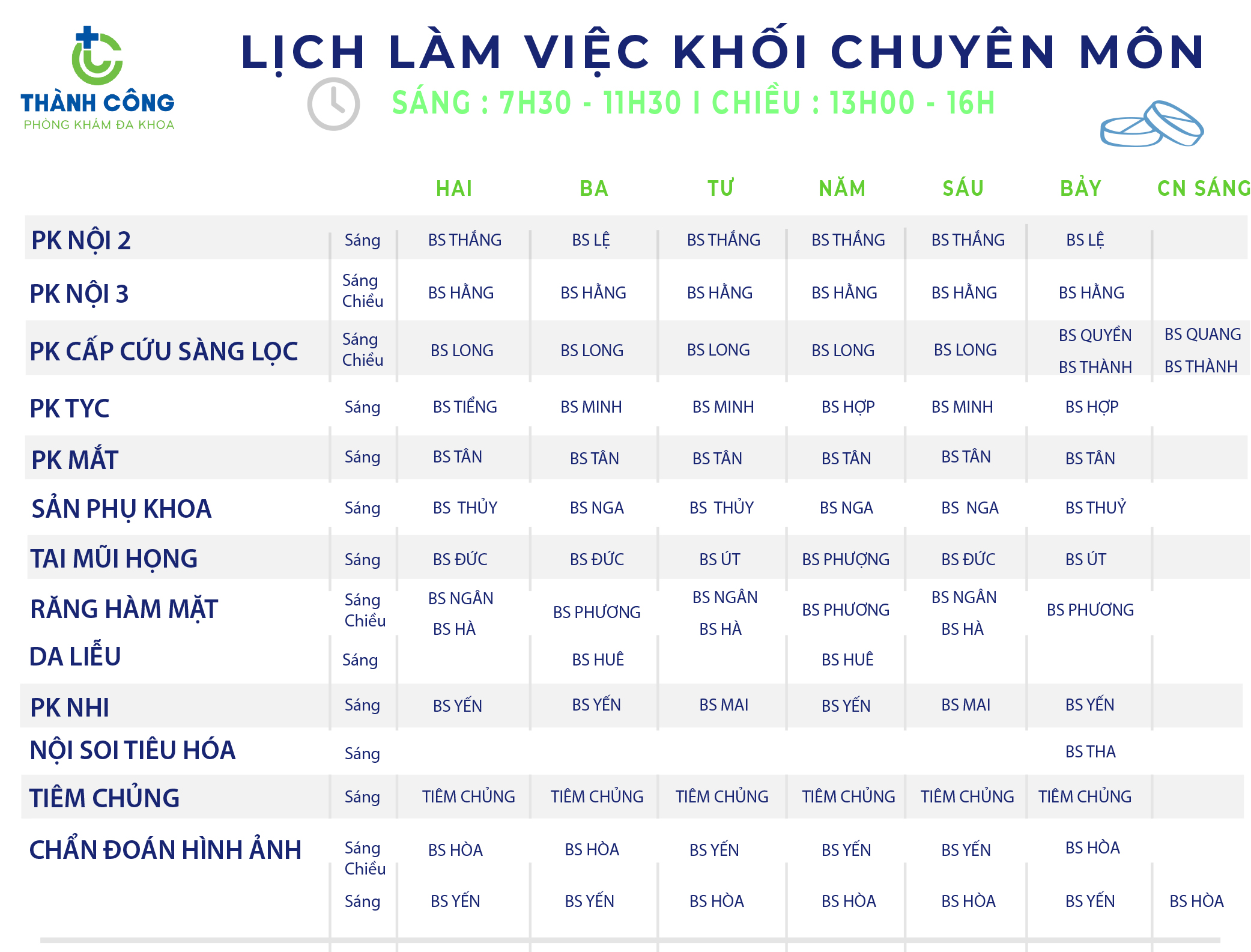 Lịch hoạt động các khoa tại Phòng Khám Đa Khoa Thành Công từ ngày 06/12/2021 đến ngày 12/12/2021