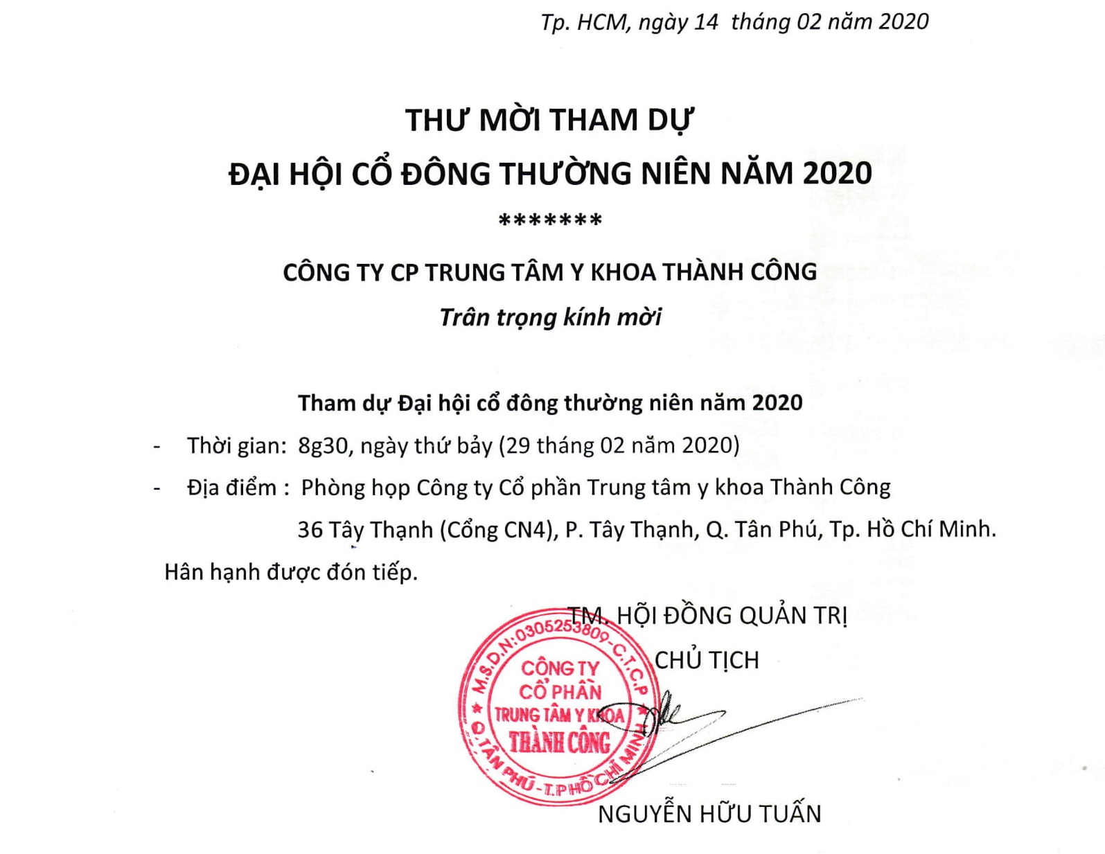 Thư mời tham dự Chương trình Đại hội cổ đông thường niên năm 2019
